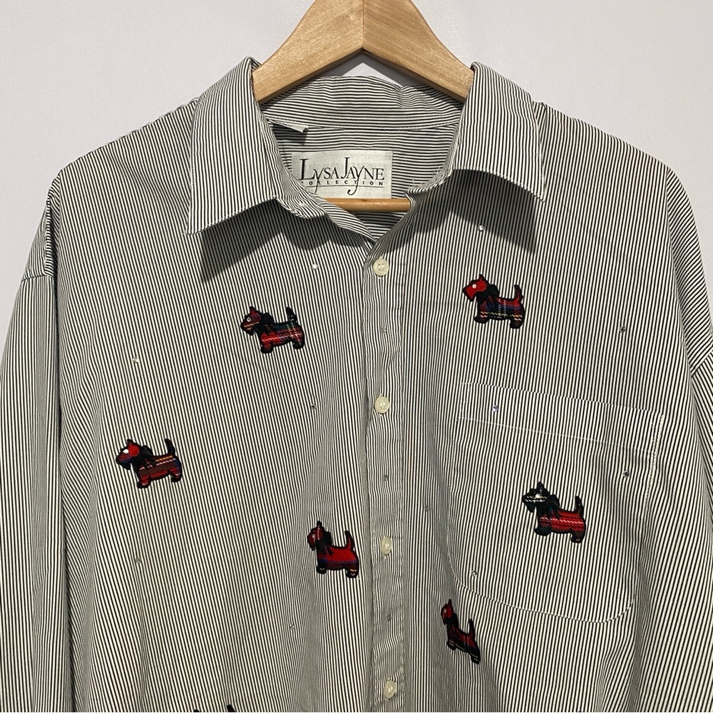 Lysa Jayne Scottie Dog Embroidered Striped‎ Button Shirt Womens 1X Plus - Picture 2 of 7